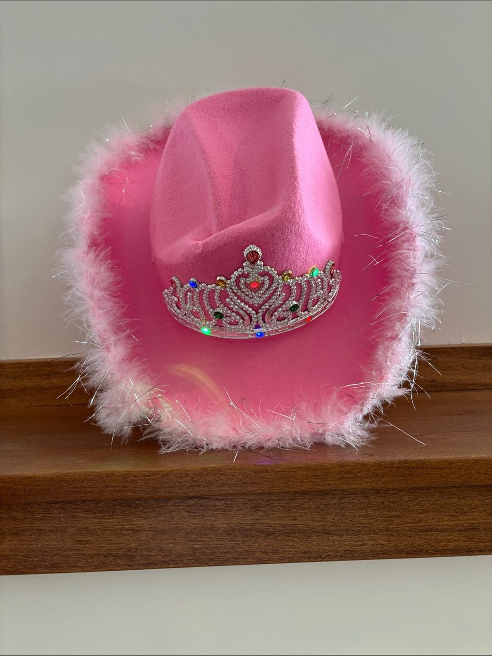 Pink women Feather Trim Cowgirl Hat with Tiara Accent